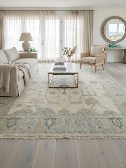 Hand Knotted Wool Ivory Floral Sage Green Blue Area Rug