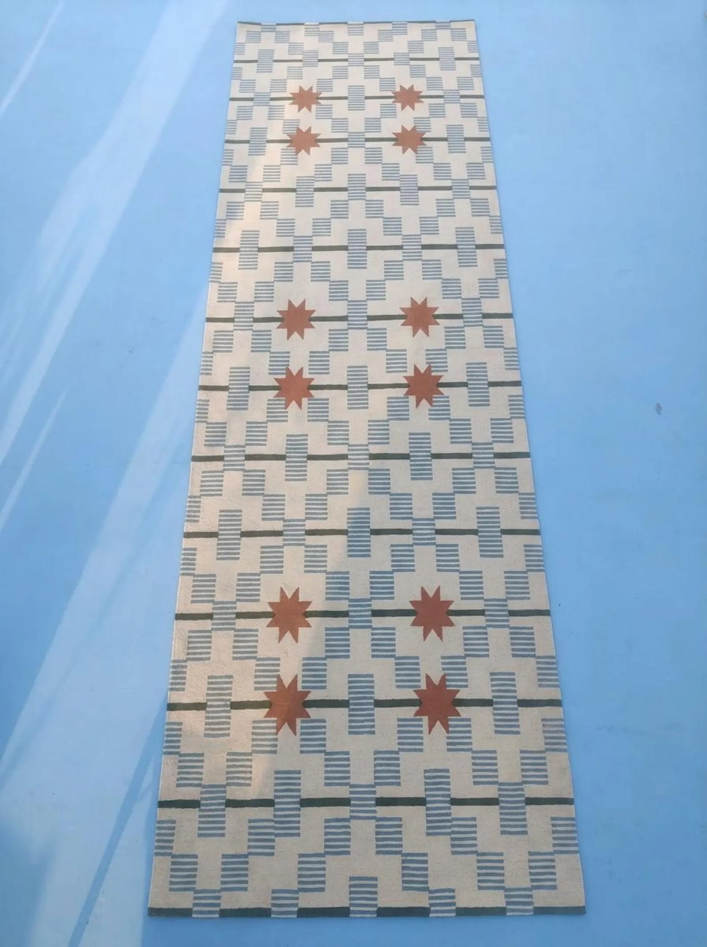 Hand-Tufted Wool Runner Light Blue, Terracotta Rust Stair Runner