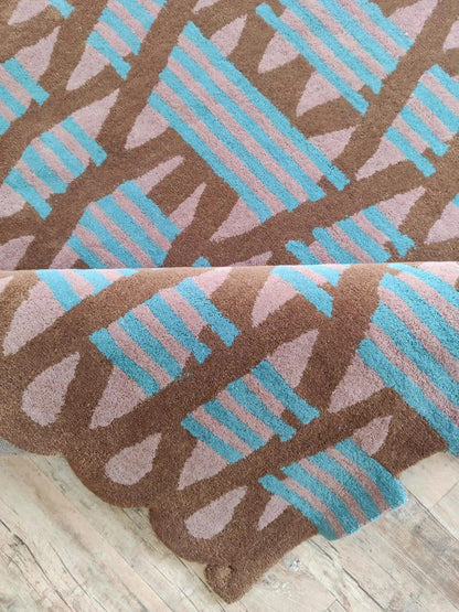 Hand Tufted Wool Runner Rug Scalloped Edge Brown Purple Teal  Stair Runner