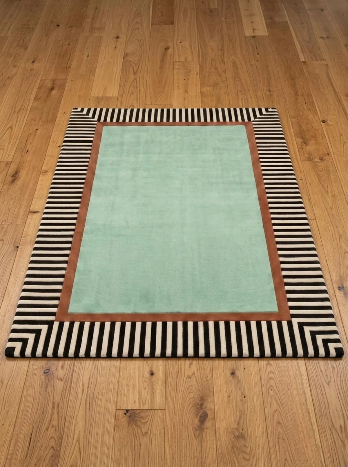 Hand Tufted Wool Rug, Mint Green Area Carpet, Black White Striped Border Rug, Modern Geometric Rug