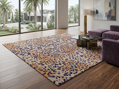 Leopard Print Area Rug, Modern Animal Pattern Rug, Purple Gold Wool Tufted Rug