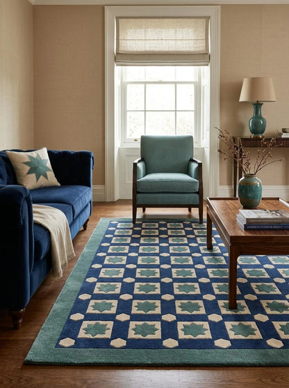 Blue Hand-Tufted Wool Rug,Custom Size Living Room Wool Carpet, Designer Carpet