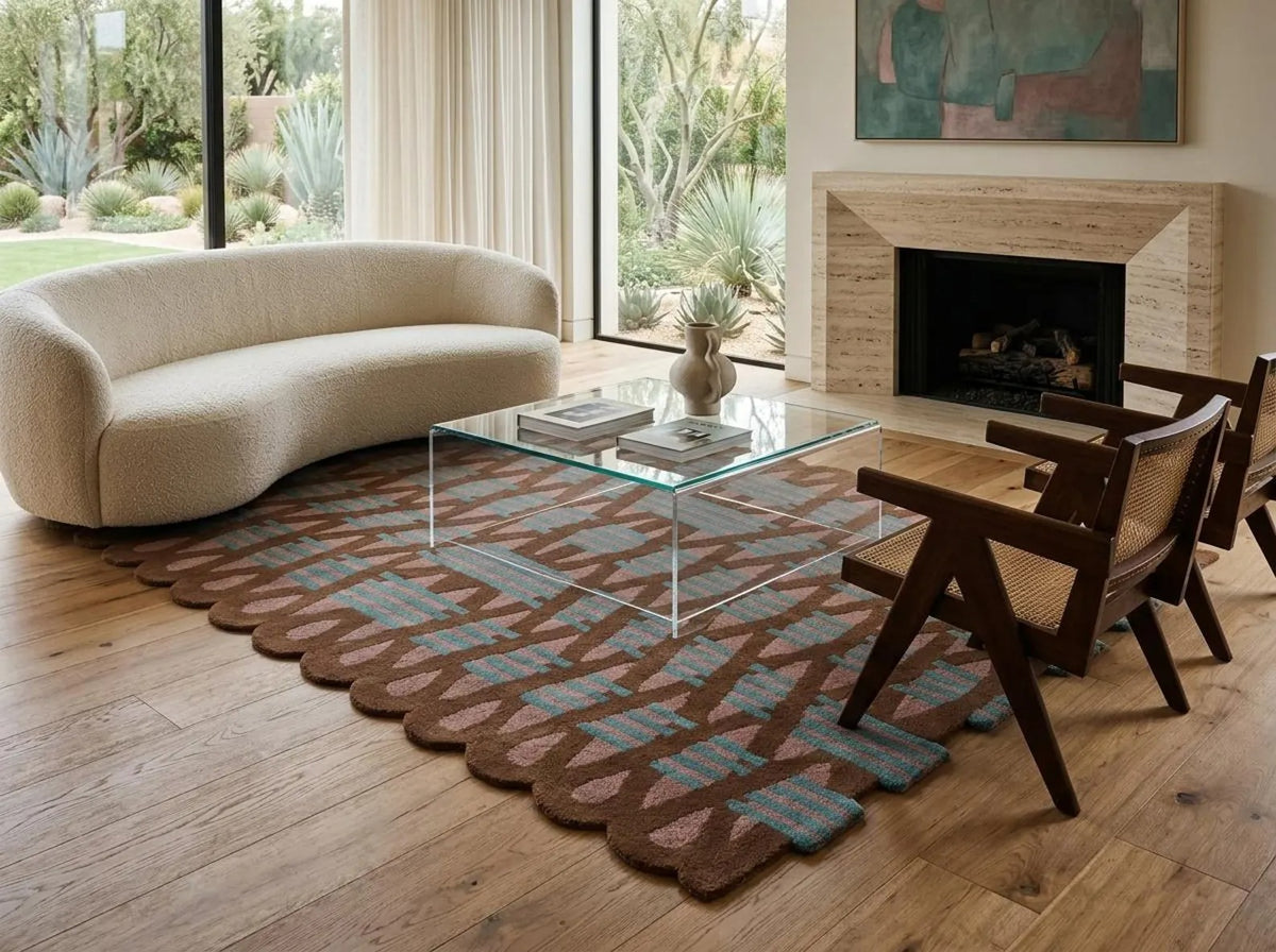 Scalloped Edge Geometric Rug, Brown Teal & Blush Modern Abstract Tufted Area Rug