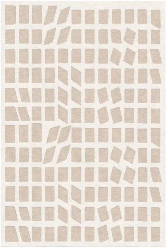 Geometric Grid Plaid Neutral-Tone Rug, Hand-Knotted Beige Wool Rug