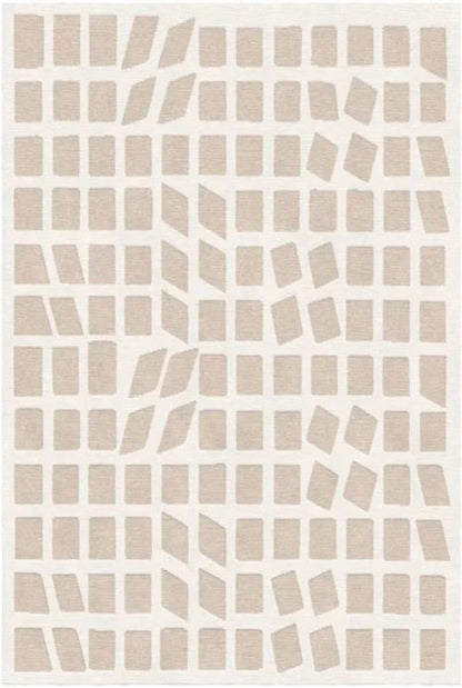 Geometric Grid Plaid Neutral-Tone Rug, Hand-Knotted Beige Wool Rug