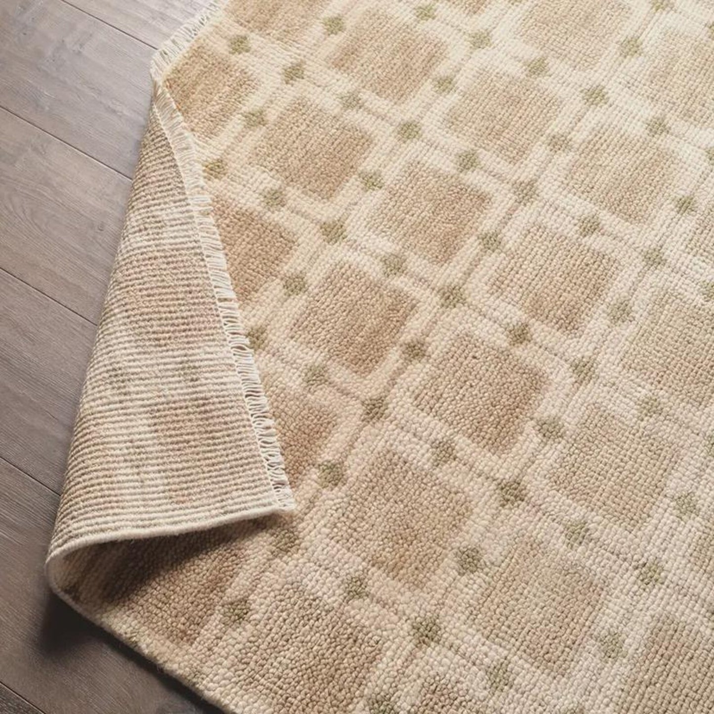 Hand-Knotted Beige Grid Plaid Neutral-Tone Rug