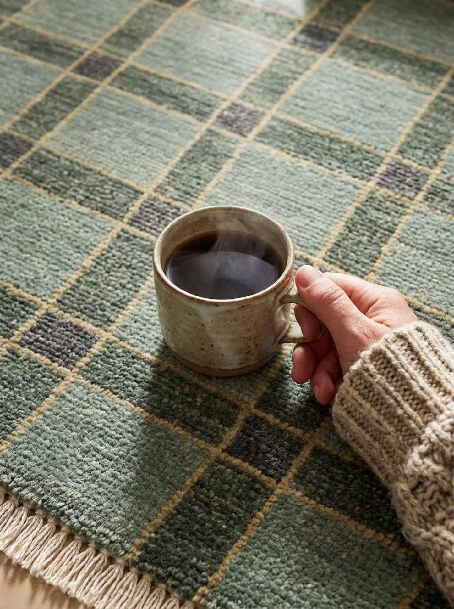 Hand-Knotted Wool Oushak Rug Sage Green Plaid Area Rug
