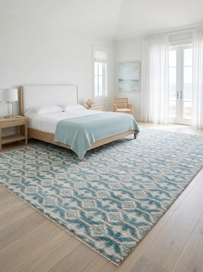 Hand-Knotted Wool Oushak Rug Blue & Ivory Modern-Style Carpet