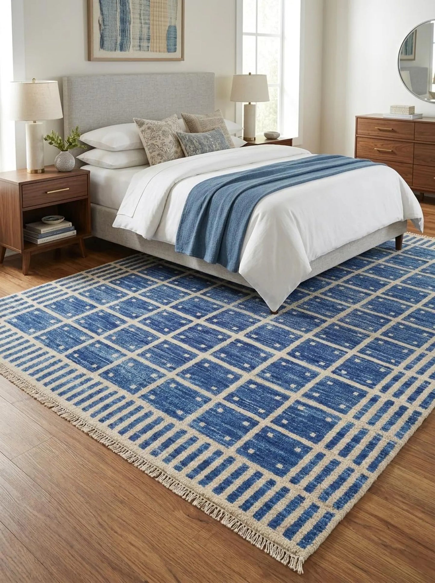 Luxury Indigo Oushak Floor Rug with Striped Border carpet