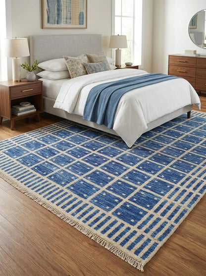 Luxury Indigo Oushak Floor Rug with Striped Border carpet