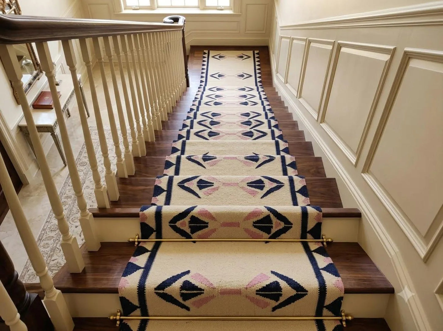 Handmade  Navy Blue and Pink Geometric Wool Flatweave Runner Rug