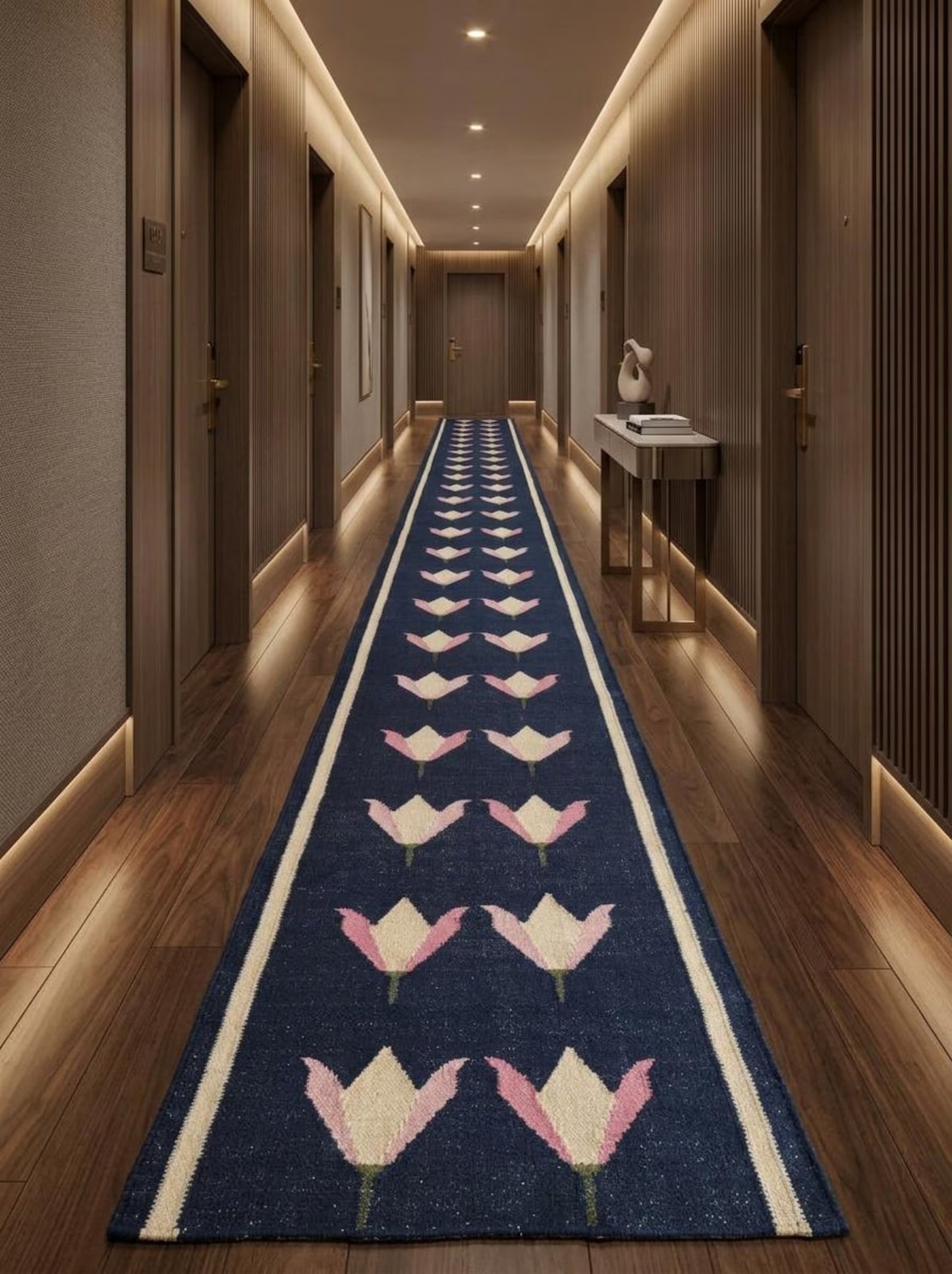 Handwoven Blue Floral Wool Flatweave Runner Rug
