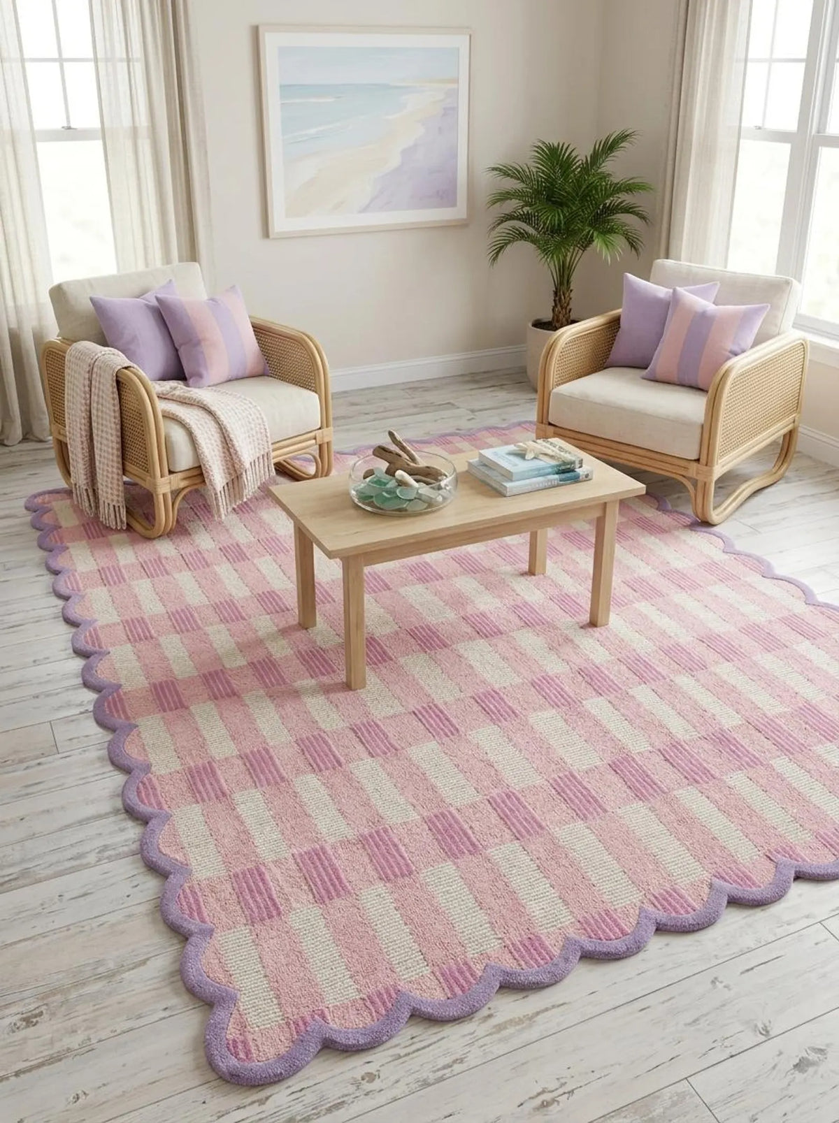 Pink Scalloped Hand-Tufted Rug, Modern Wool Area Carpet, Checkerboard Tufted Rug