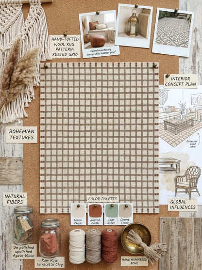 Hand Tufted Wool Rug, Beige Checkered Carpet, Rust Geometric Area Rug