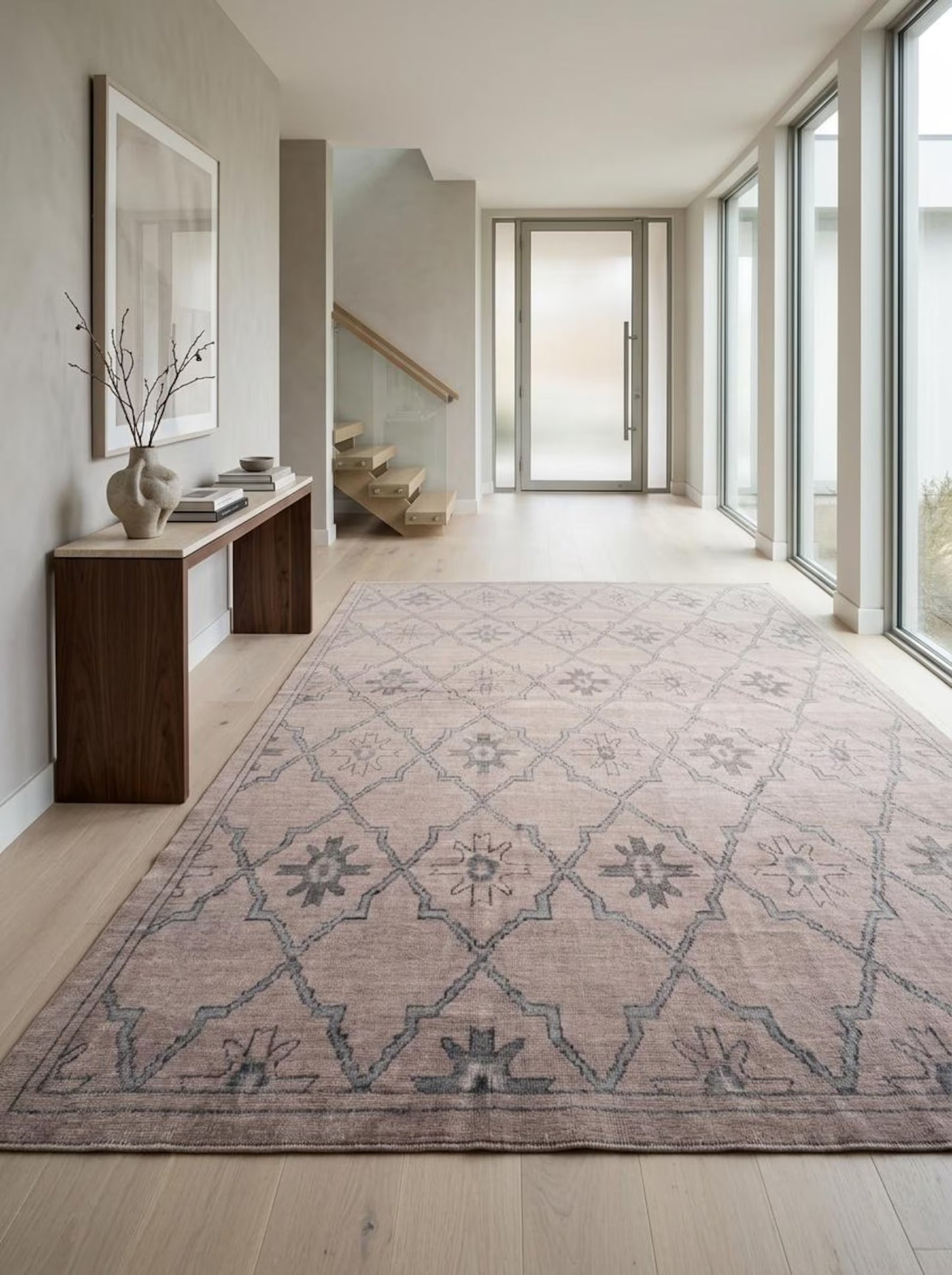 Neutral Diamond Lattice Hand Knotted Rug