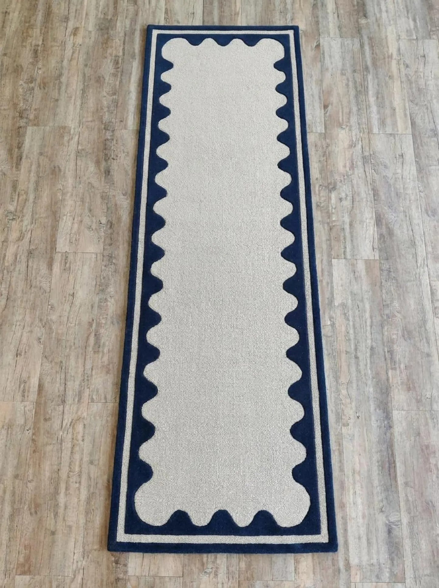 Hand Tufted Wool Runner Rug - Scalloped Navy Blue Border Ivory Hallway Carpet