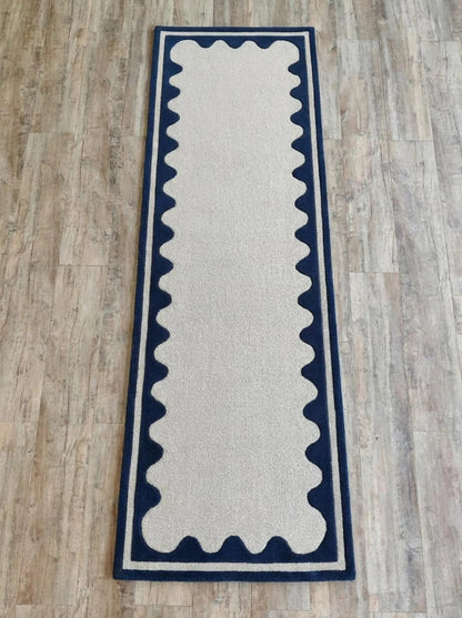 Hand Tufted Wool Runner Rug - Scalloped Navy Blue Border Ivory Hallway Carpet