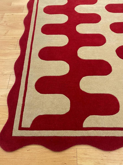 Hand Tufted Wool Rug, Red Cream Geometric Carpet, Wavy Scalloped Border Area Rug