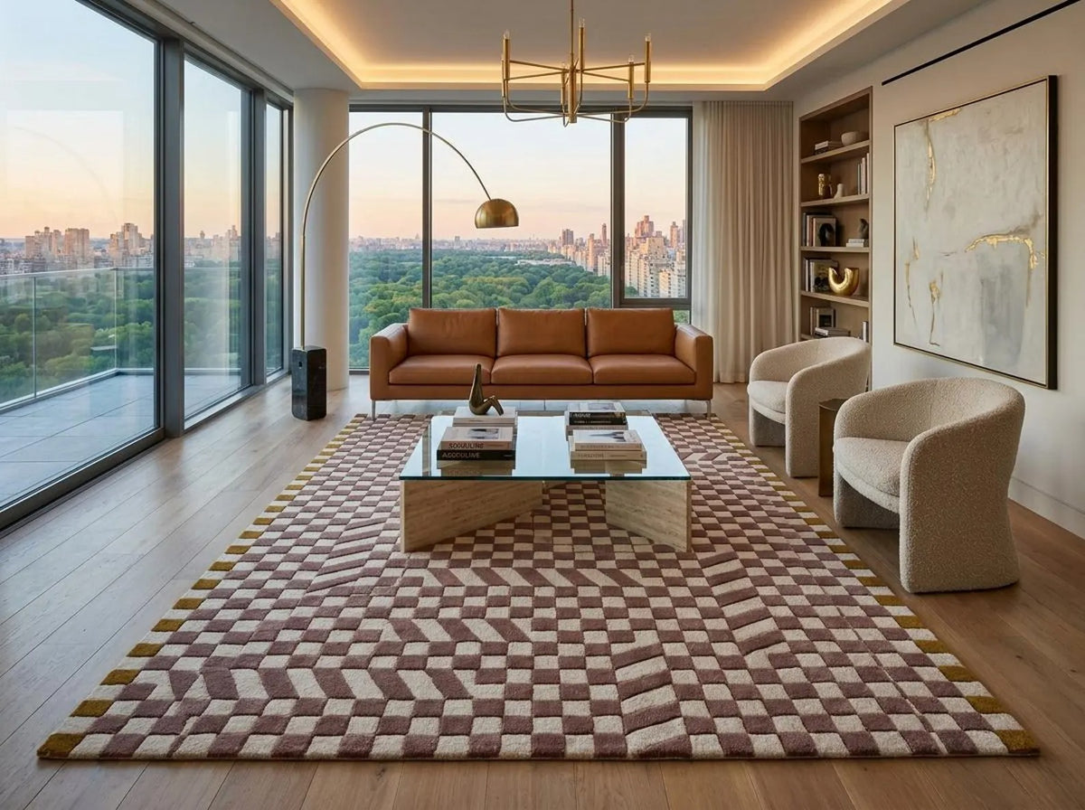 Checkerboard Geometric Rug, Mauve & Ivory Modern Abstract  Tufted Area Rug
