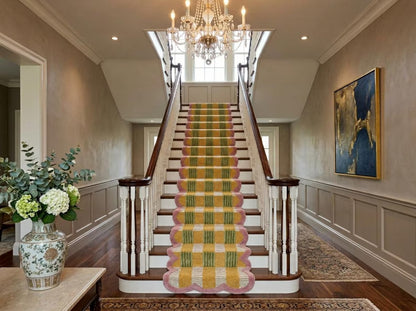 Scalloped Geometric Floral Stair Runner Pink Tufted Runner