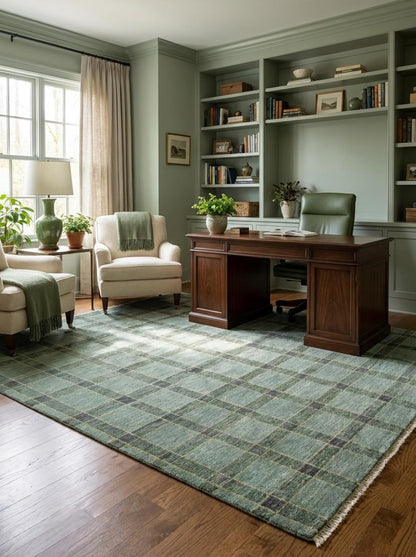 Hand-Knotted Wool Oushak Rug Sage Green Plaid Area Rug