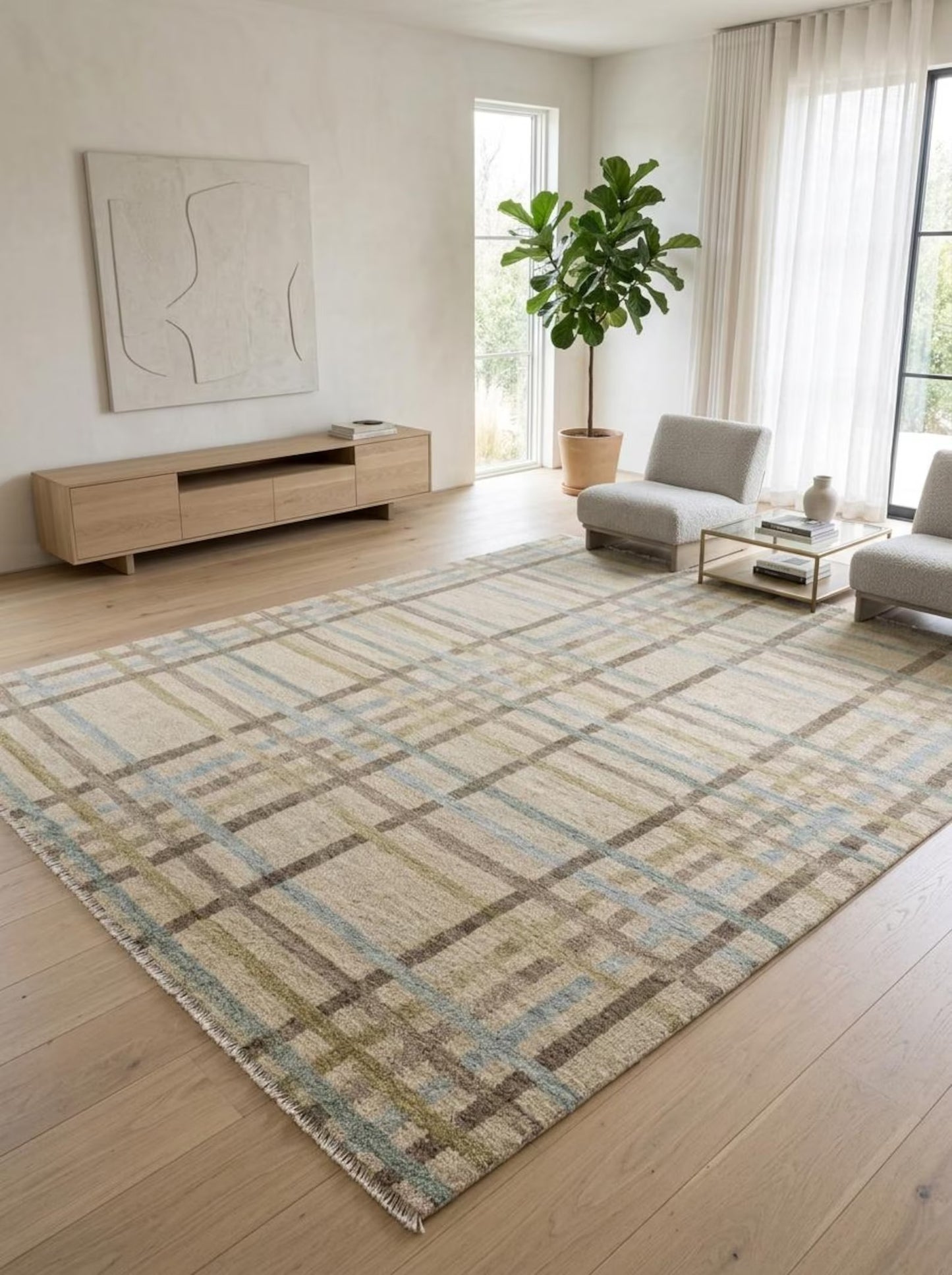Neutral Beige Blue Gray Turkish-Style Area Rug