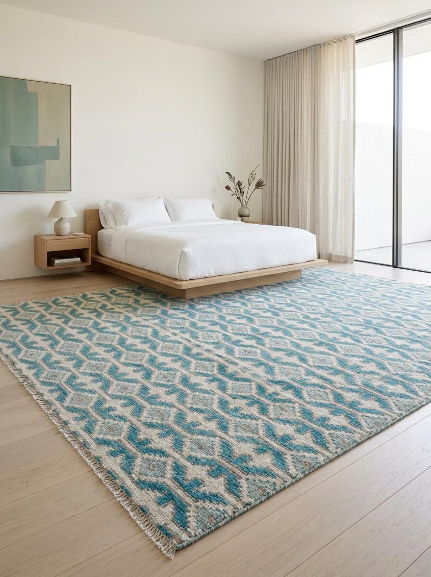 Hand-Knotted Wool Oushak Rug Blue & Ivory Modern-Style Carpet