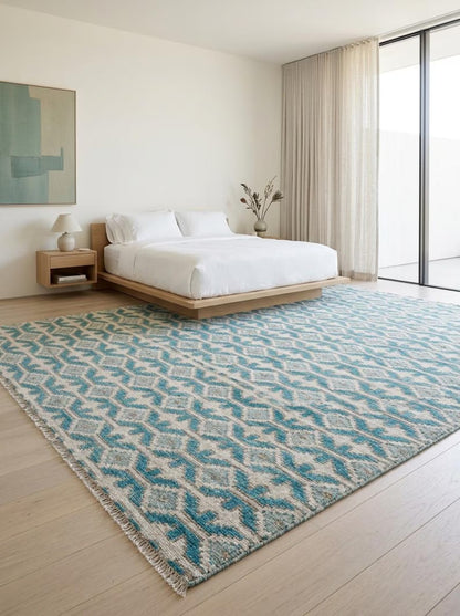 Hand-Knotted Wool Oushak Rug Blue & Ivory Modern-Style Carpet