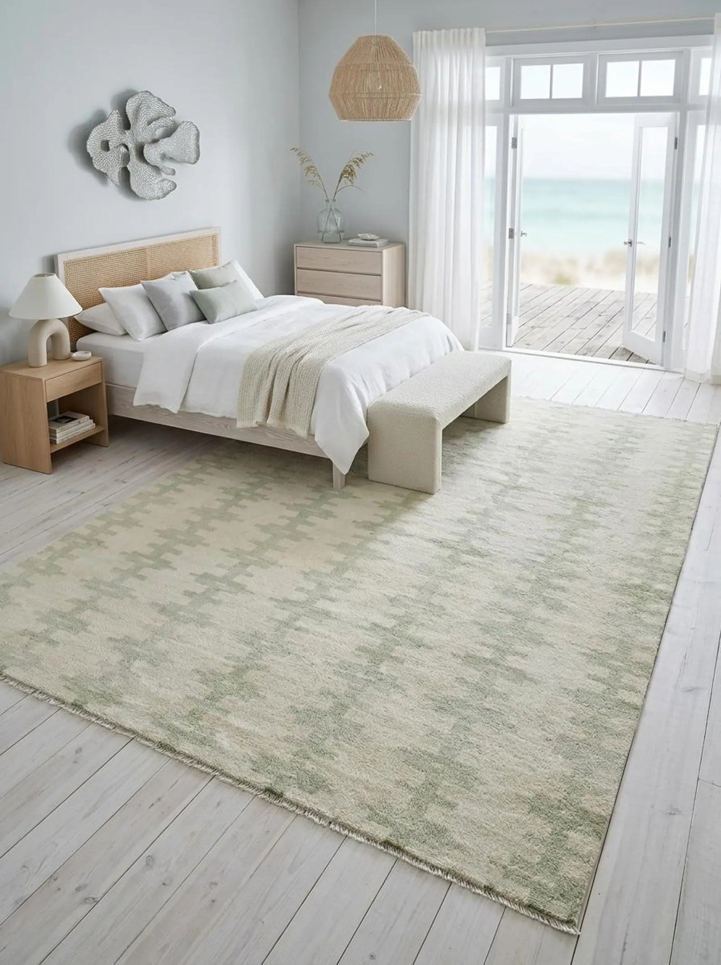 Handmade Green Wool Geometric Rug – Large Abstract Area Oushak Rug