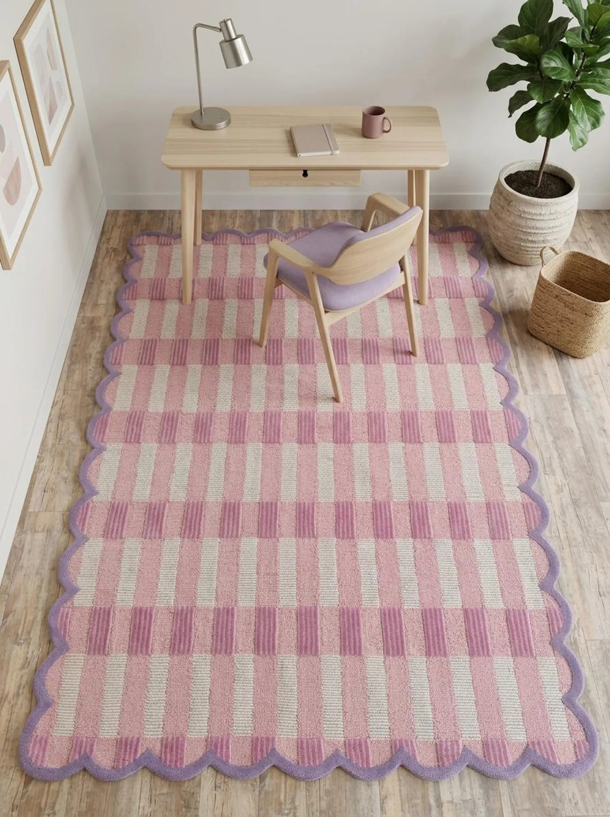 Pink Scalloped Hand-Tufted Rug, Modern Wool Area Carpet, Checkerboard Tufted Rug