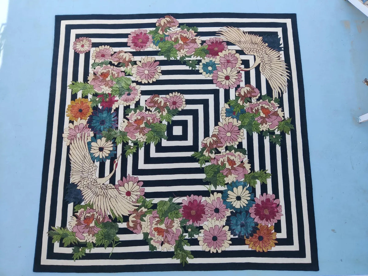 Hand-tufted Wool Rug, Japanese Crane Floral Area Rug, Black-and-White Geometric Striped Carpet