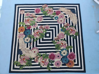 Hand-tufted Wool Rug, Japanese Crane Floral Area Rug, Black-and-White Geometric Striped Carpet
