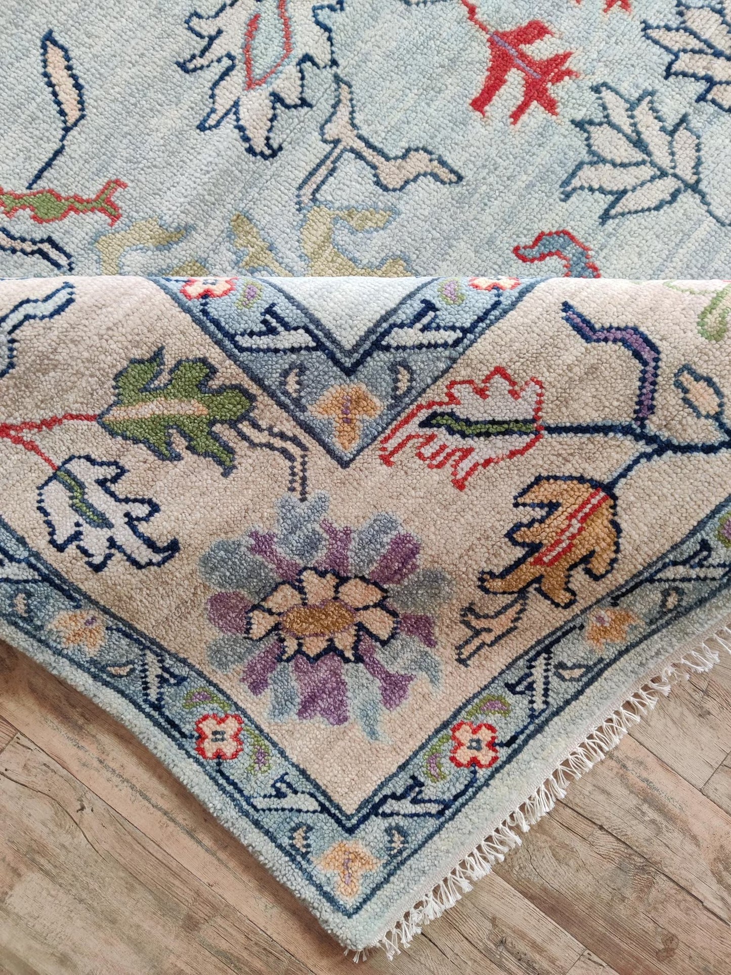 Vintage Floral Pastel Botanical Wool Hand Knotted Oushak Rug