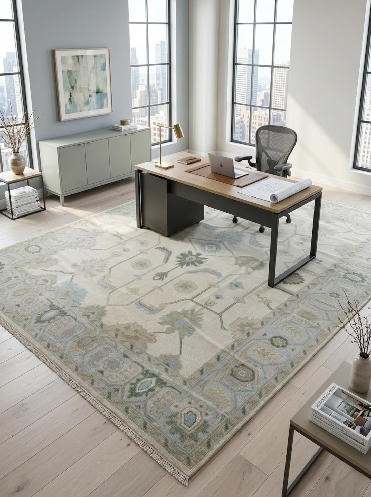 Hand Knotted Wool Ivory Floral Sage Green Blue Area Rug