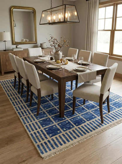 Luxury Indigo Oushak Floor Rug with Striped Border carpet