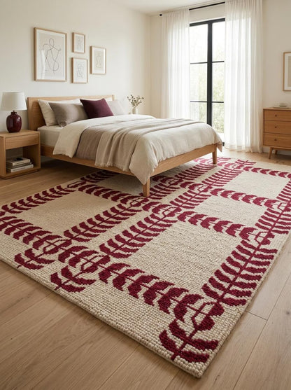Crimson Red Hand Knotted Modern Geometric Rug