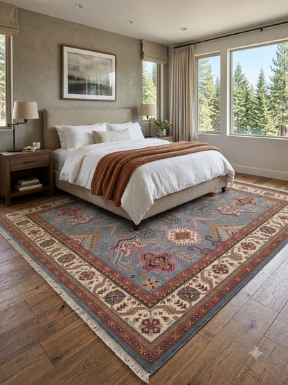 Hand-Knotted Wool Oushak Rug, Blue Tribal Area Carpet, Geometric Floral Modern Rug