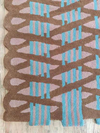 Hand Tufted Wool Runner Rug Scalloped Edge Brown Purple Teal  Stair Runner
