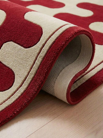 Hand Tufted Wool Rug, Red Cream Geometric Carpet, Wavy Scalloped Border Area Rug