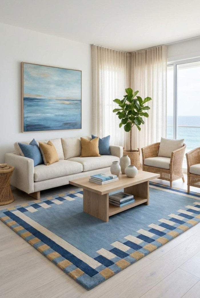 Dusty Blue Geometric Tufted Rug, Handmade Wool Area Rug Modern Nursery & Living Room Carpet
