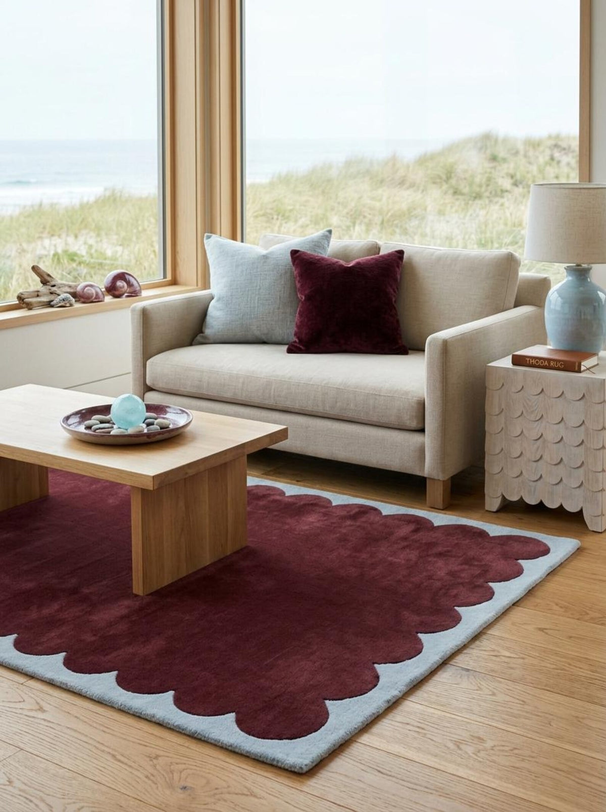 Burgundy Scalloped Area Rug, Maroon Wool Carpet, Handmade Bedroom Rug, Living Room Designer Rug