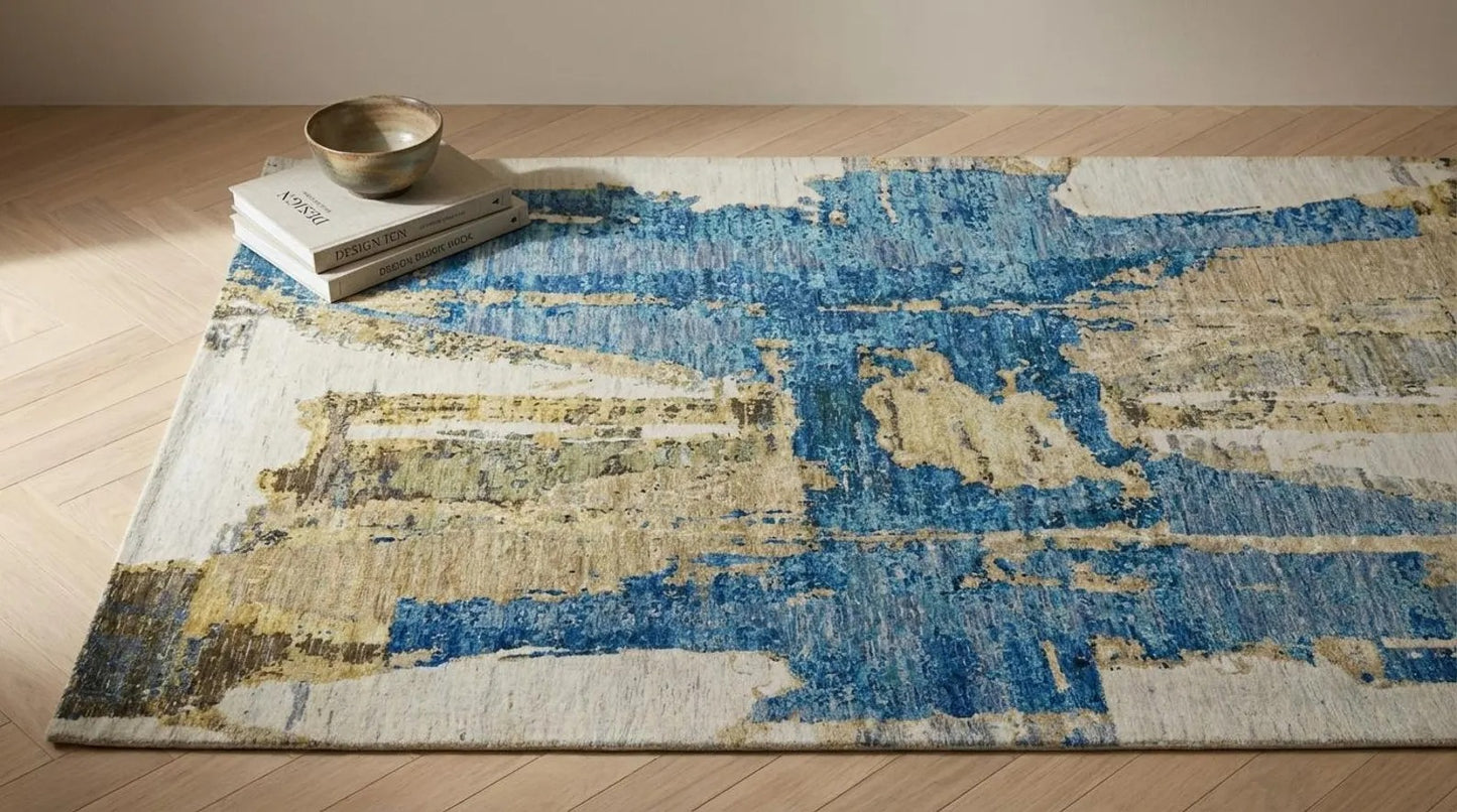 Modern Distressed Horizon Blue & Gold Wool Area Rug