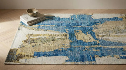 Modern Distressed Horizon Blue & Gold Wool Area Rug