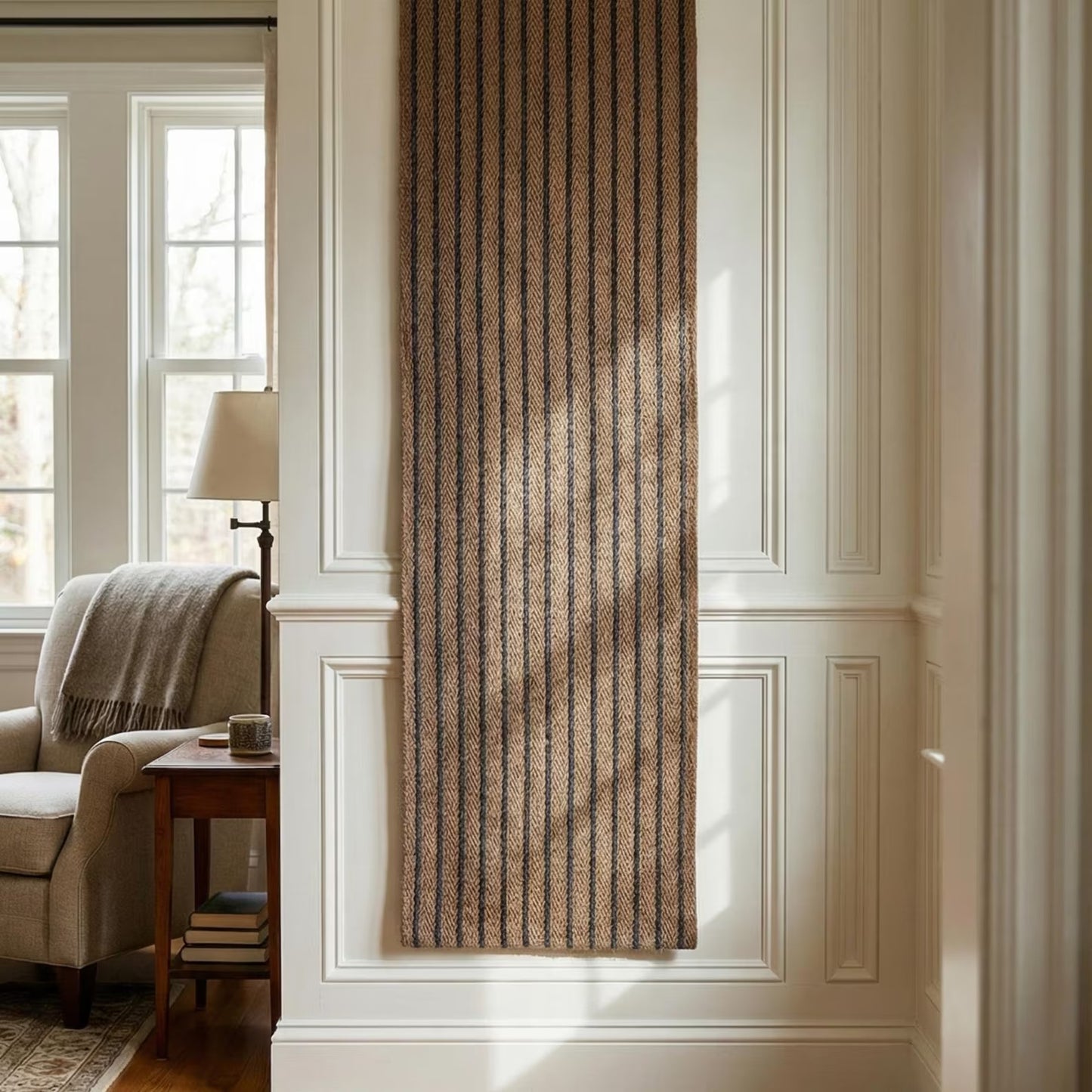 Neutral Beige Blue Chevron Stripes Hallway Stair Runner