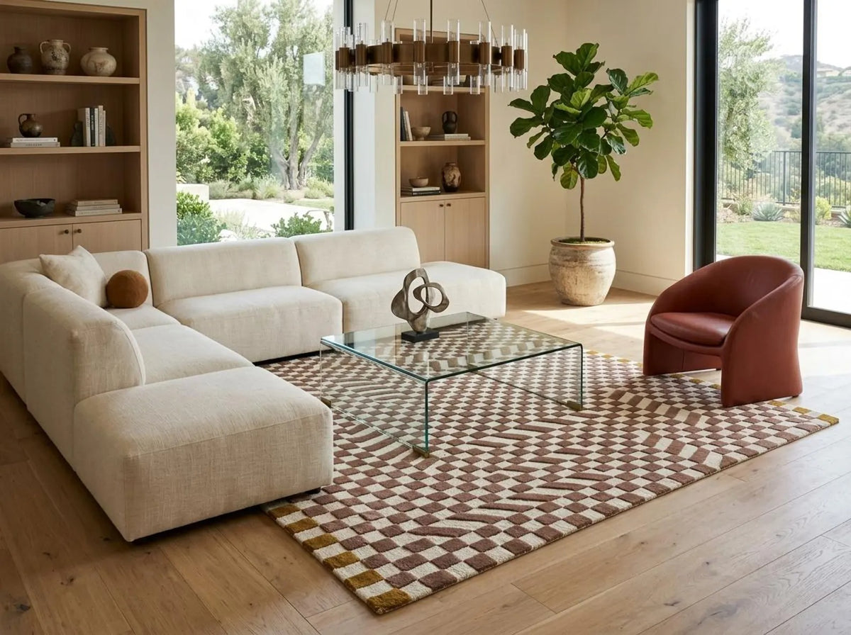 Checkerboard Geometric Rug, Mauve & Ivory Modern Abstract  Tufted Area Rug