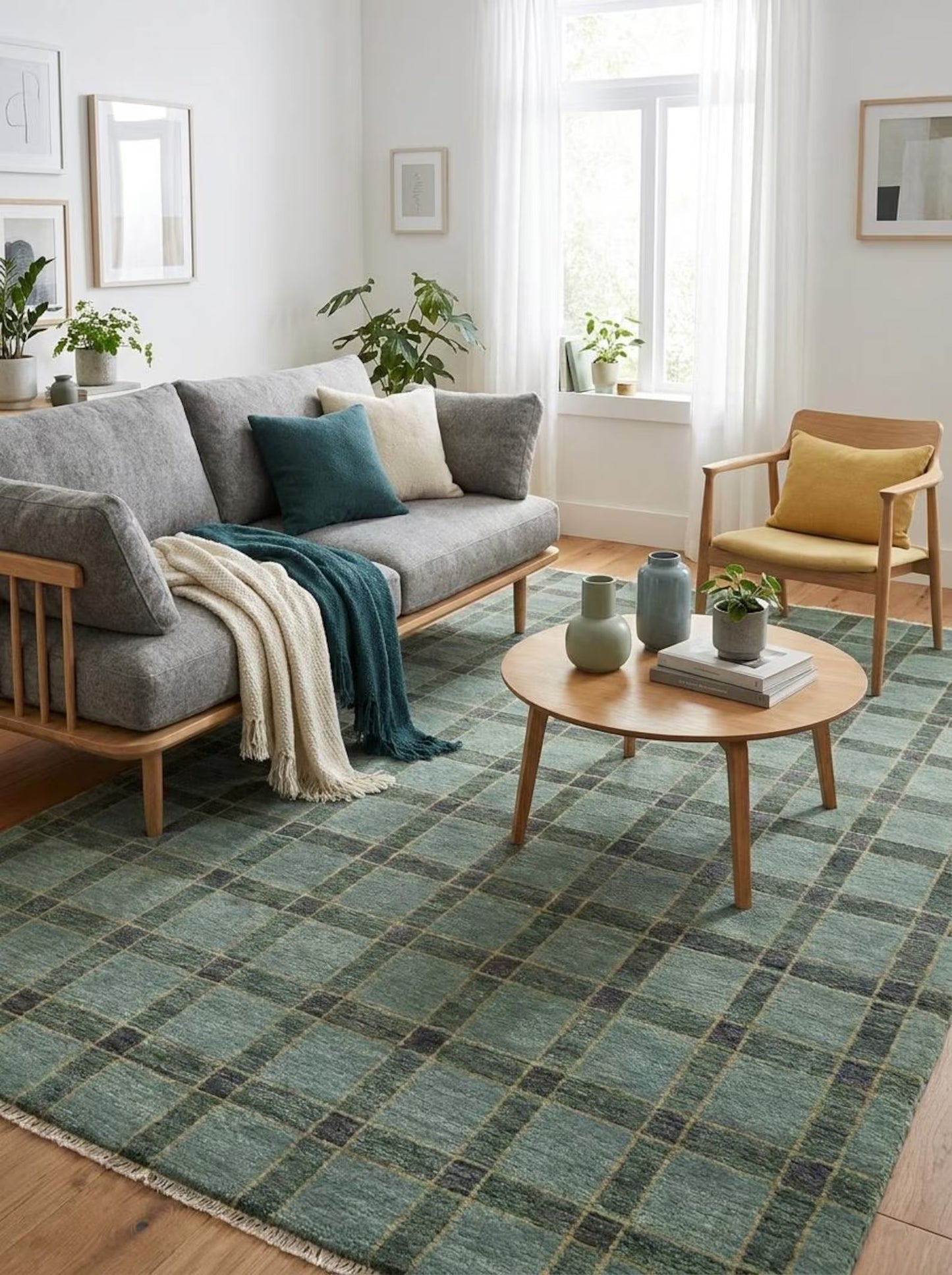 Hand-Knotted Wool Oushak Rug Sage Green Plaid Area Rug