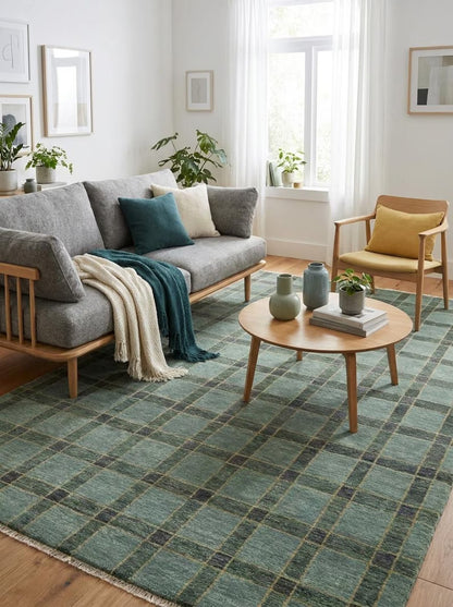 Hand-Knotted Wool Oushak Rug Sage Green Plaid Area Rug
