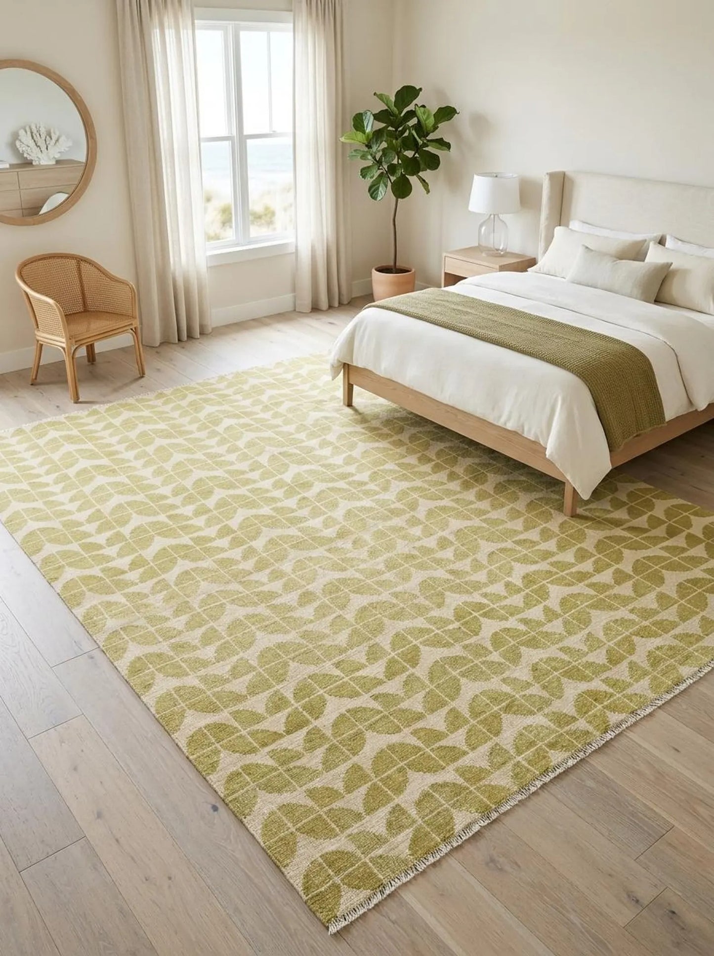 Modern Cream Leaf Pattern Hand Knotted Wool Oushak Rug