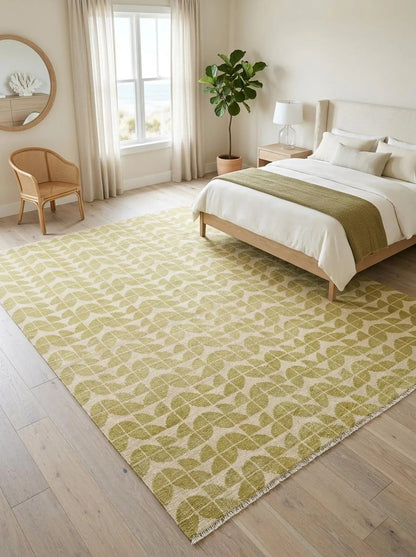 Modern Cream Leaf Pattern Hand Knotted Wool Oushak Rug