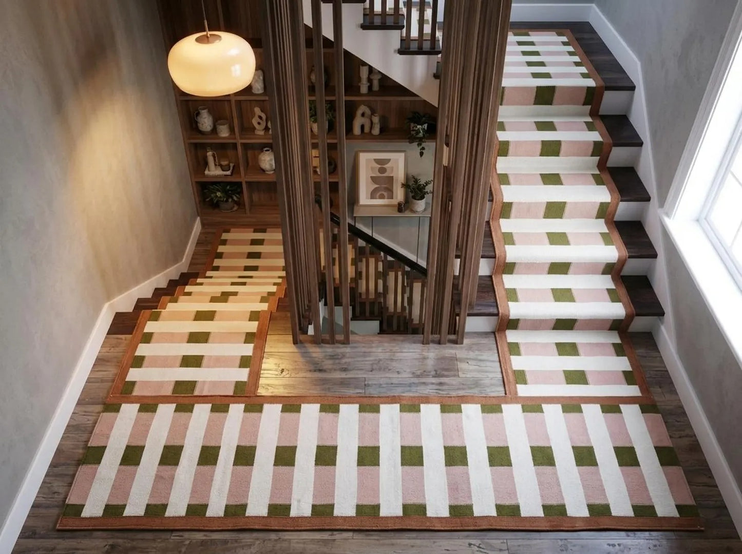 Handwoven Olive Green & Blush Pink Checkered Hallway Runner